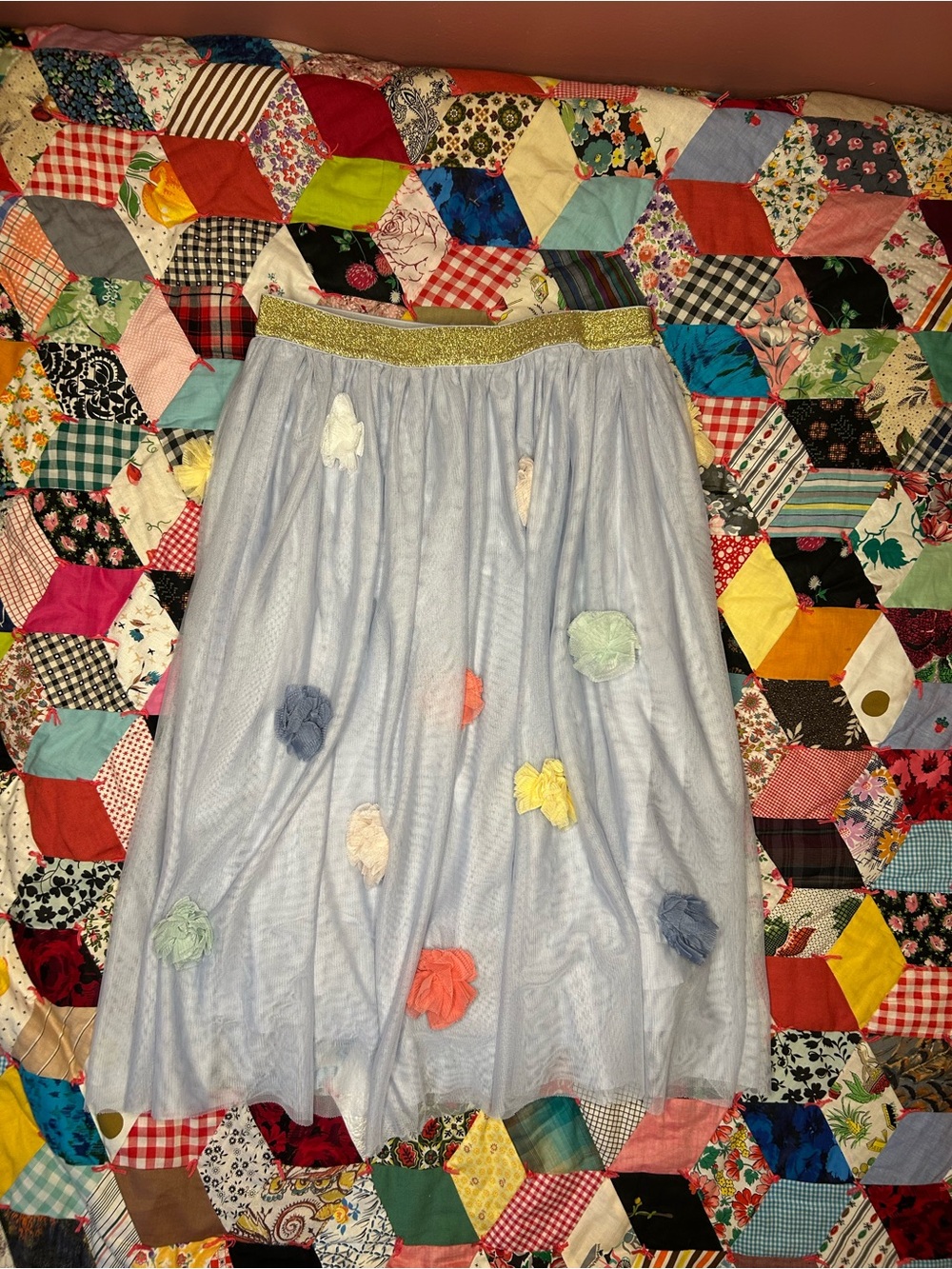 Mini Boden Light Blue Tulle Skirt with Gold Waistband and Multicolor Flowers